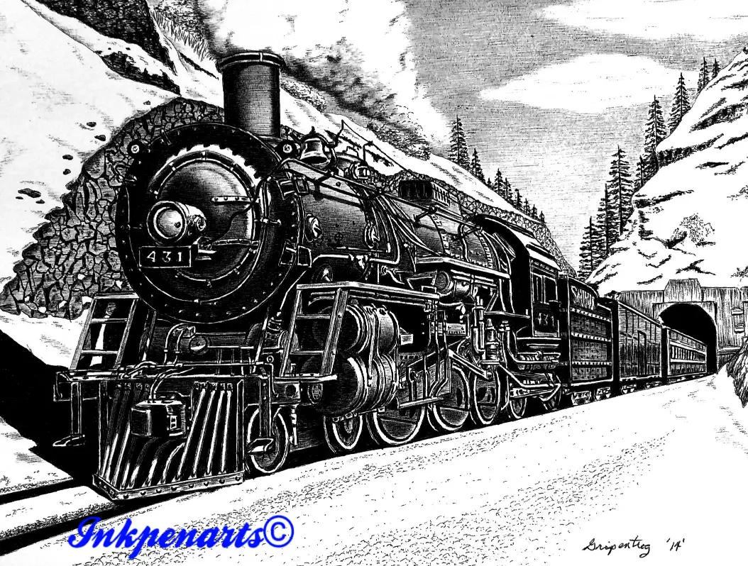 Locomotive II Steam Locomotive pen and ink art