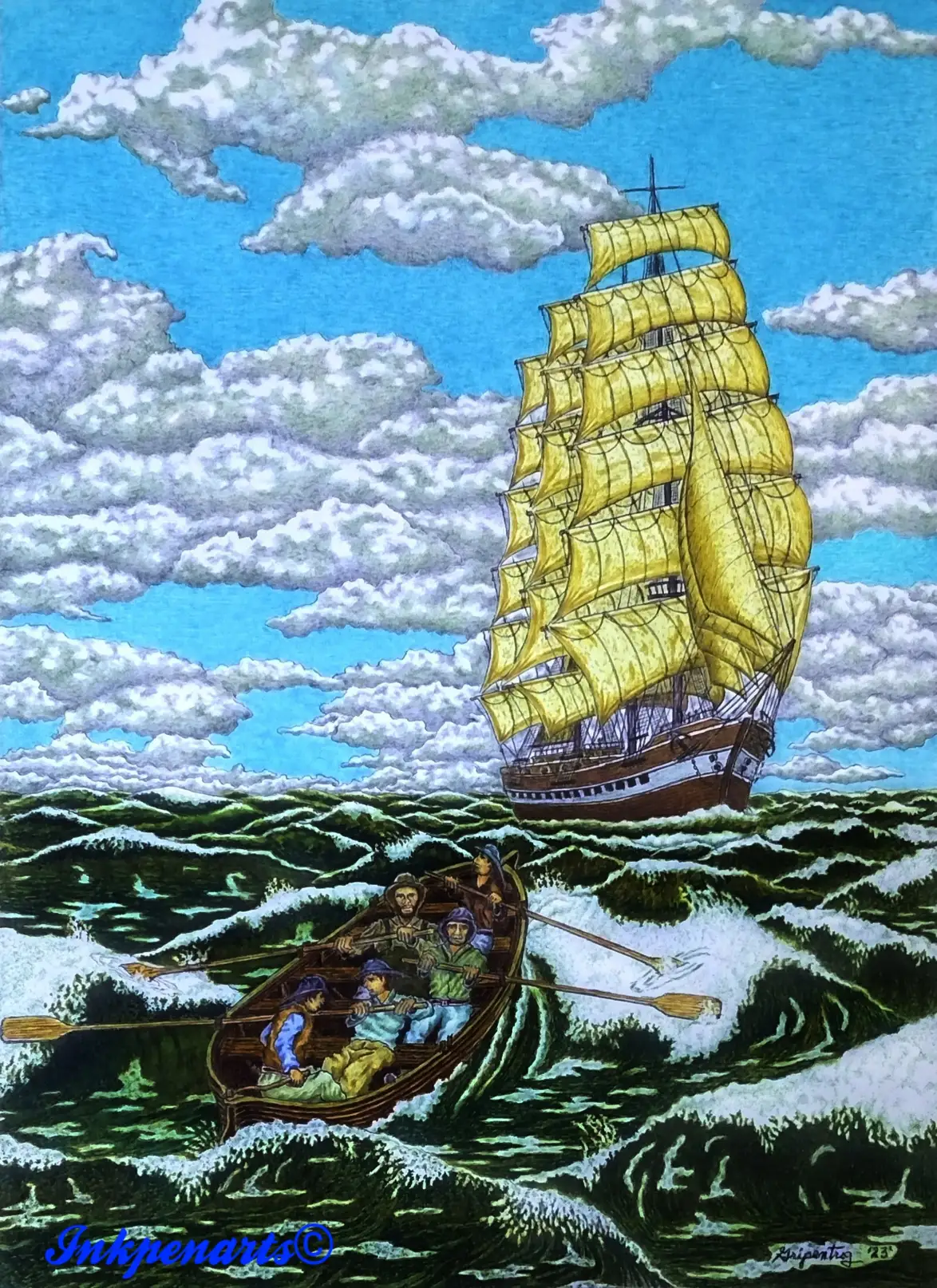 High Seas II Sailing Ship pen and ink art